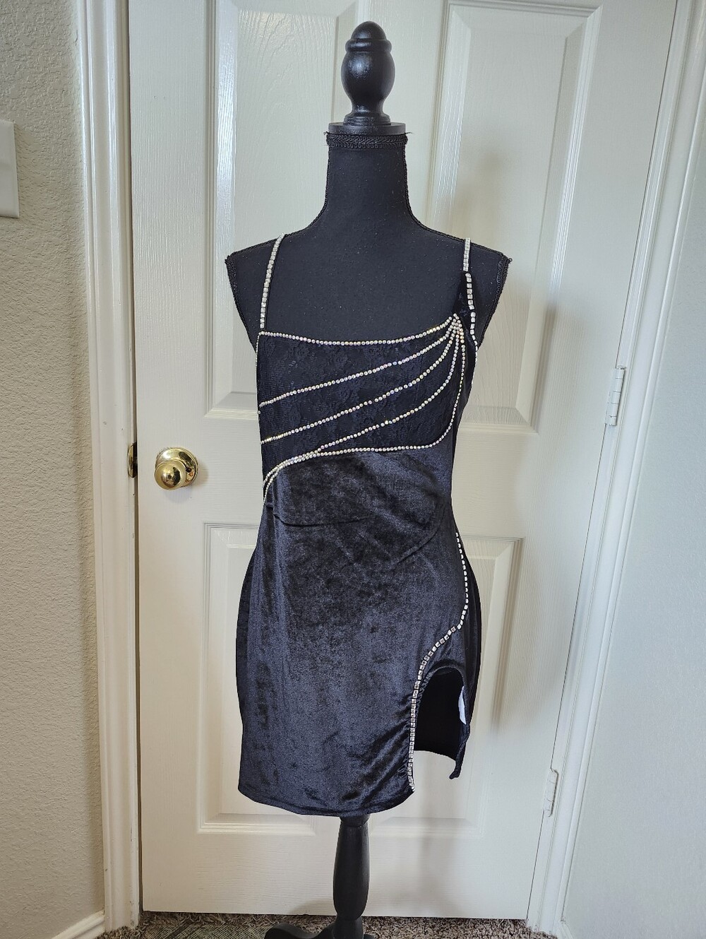 Banjul Black Velvet Mini Dress with Rhinestone Straps